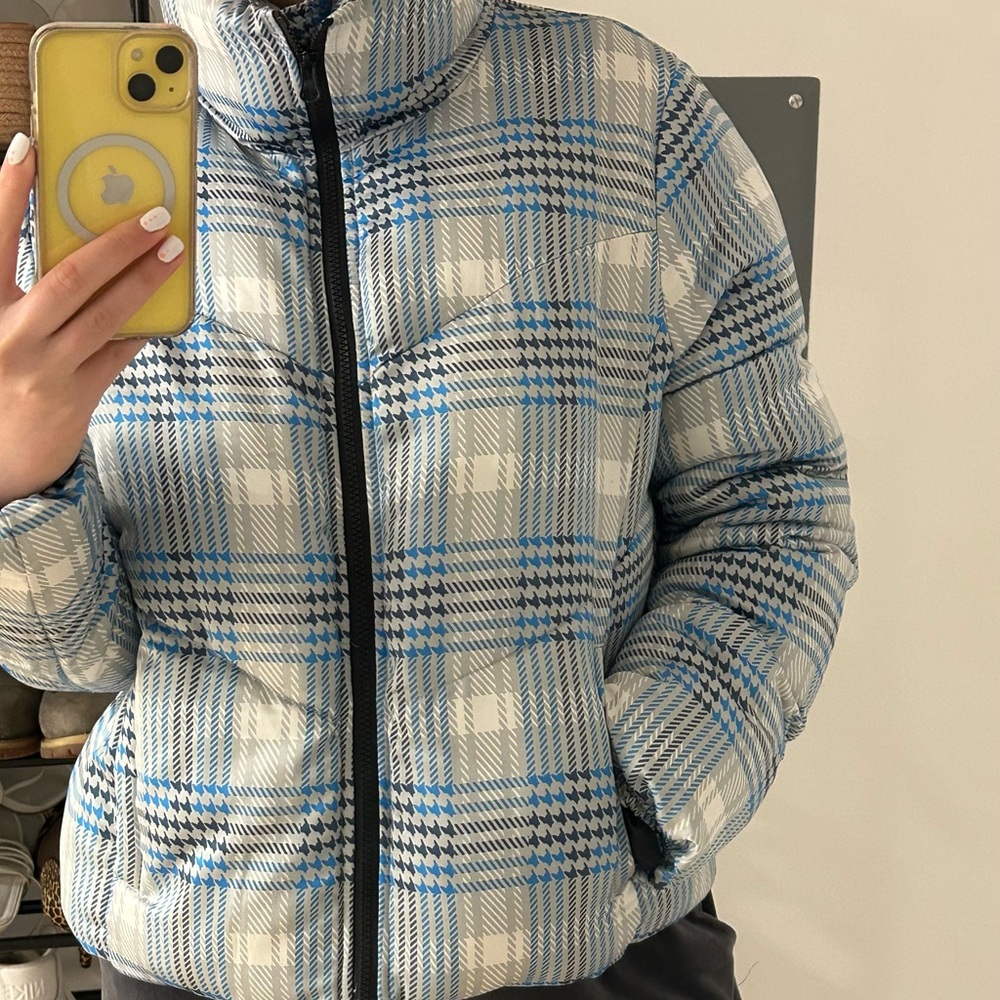 Plaid Puffer Jacket - Blue and White